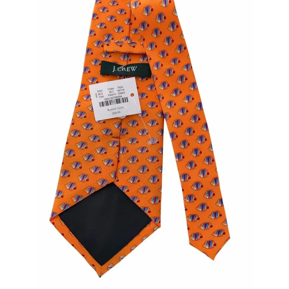 J.CREW Men's Orange Fish Print Silk Necktie Novelty Preppy Summer Yacht Club NEW